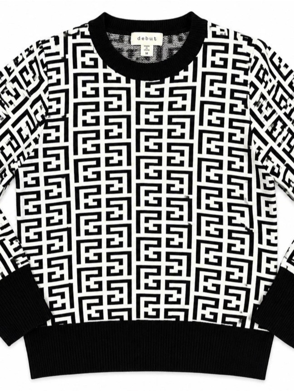 Debut Women’s M Black White Geometric Greek Key Knit Sweater Pullover